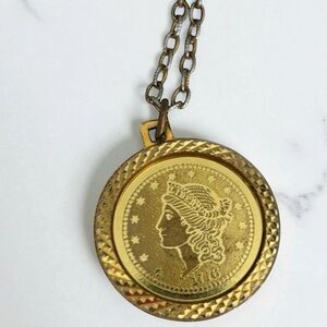 Vintage Bicentennial Woman Gold Tone 1776 Twenty D. Medallion 23" Necklace